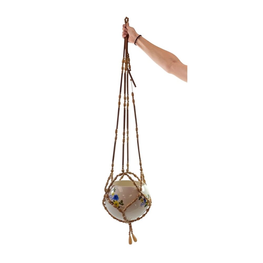 Ceramic White Floral Planter Brown Wooden Beaded Macrame Hanger Vintage